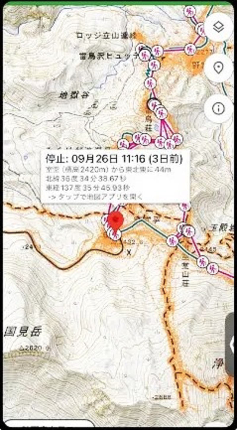 山岳遭難者の位置情報と軌跡を示す「SAGASU」の画面（ヤマレコ提供）