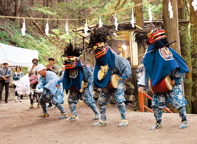 勇壮に舞う獅子舞＝28日午後、埼玉県秩父市浦山の大日堂