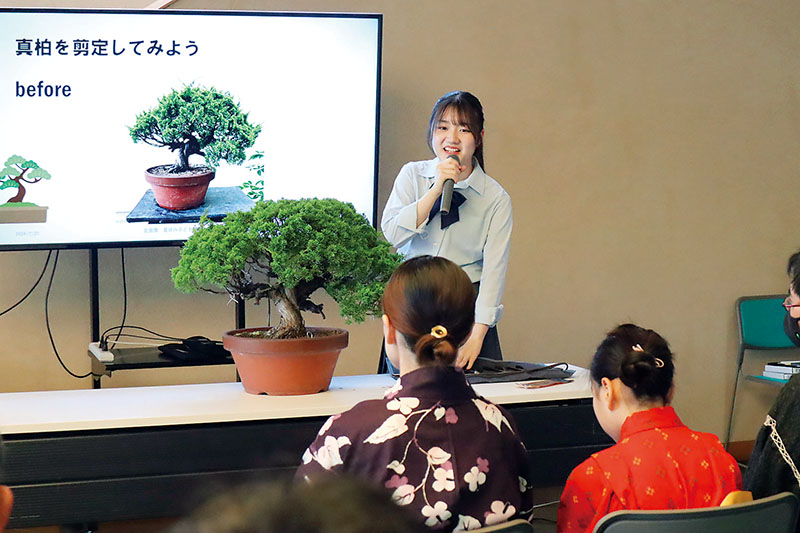 盆栽について分かりやすく説明する清水ちえりさん＝さいたま市北区の大宮盆栽美術館