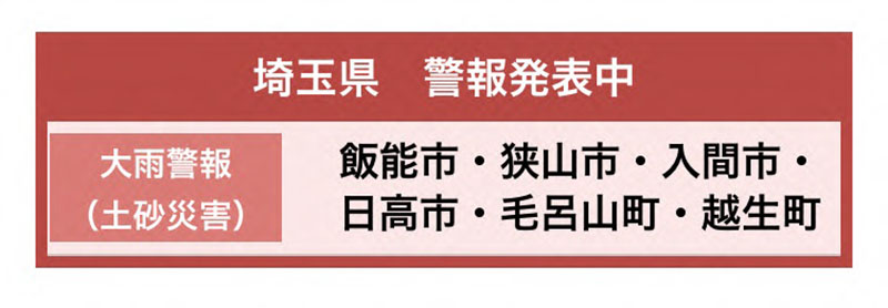 大雨警報が発令された市町一覧