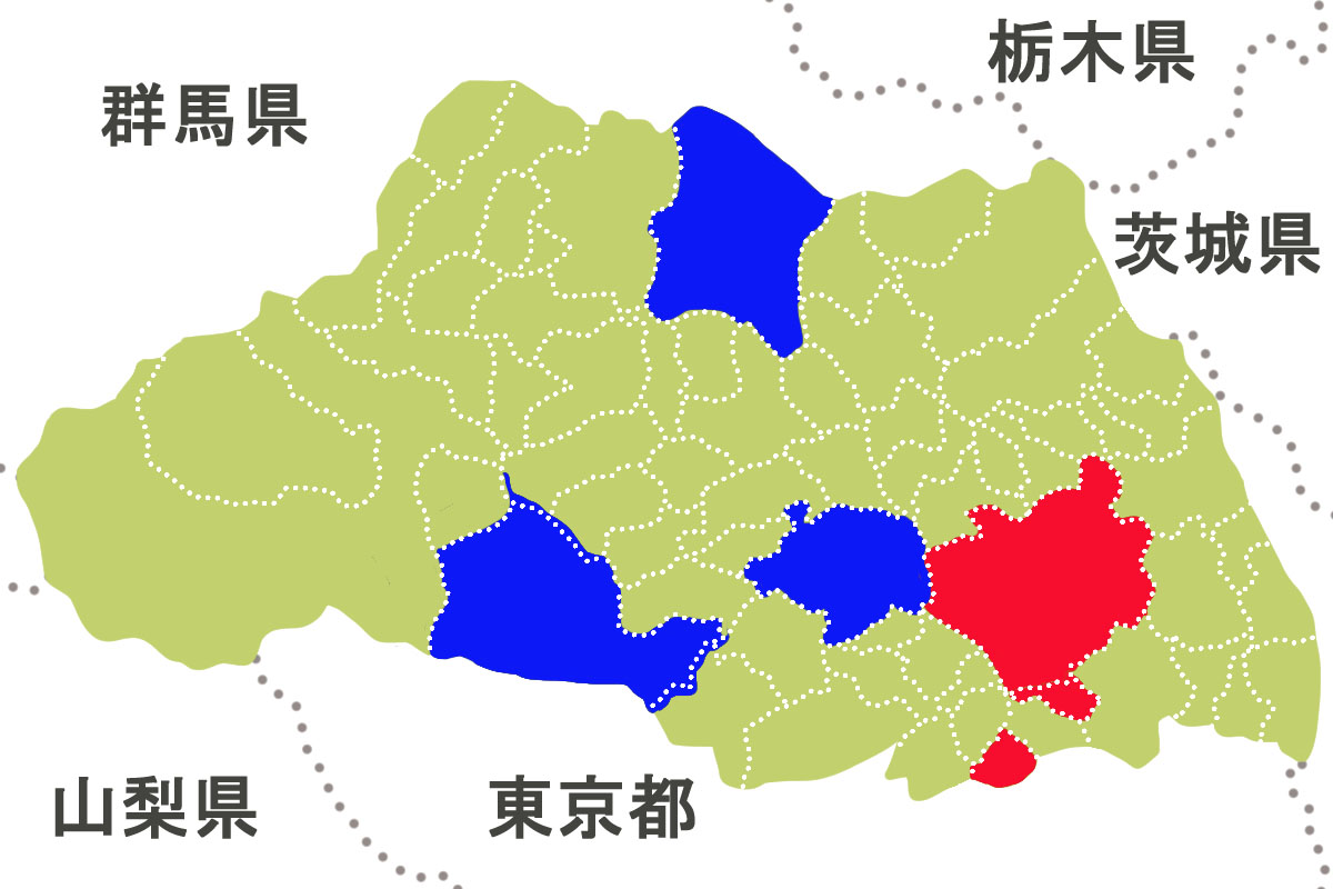 人口増の上位3位（1位さいたま、2位和光、3位蕨）を赤色、人口減の上位3位（1位熊谷、2位川越、3位飯能）を青色で着色した埼玉県地図