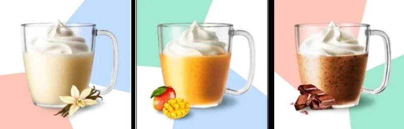 「キッズ バニラ クリーム フラペチーノ®」「キッズ マンゴー & フルーツ フラペチーノ®」「キッズ チョコレート フラペチーノ®」