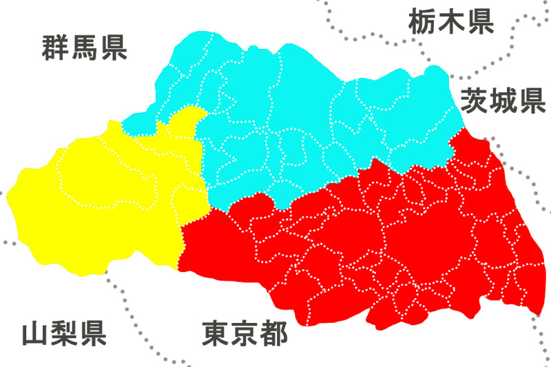 北部（青）南部（赤）秩父（黄色）の埼玉地図