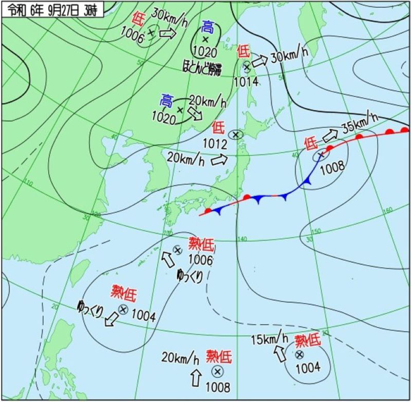 27日午前3時の実況天気図（気象庁発表）（修正版）