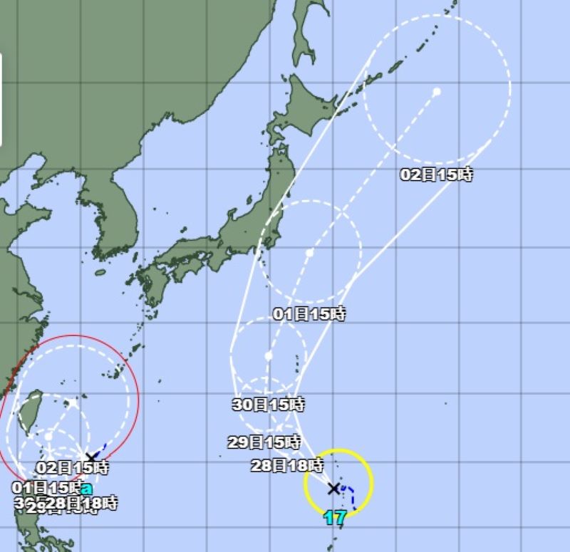 2個の台風の進路予想図（27日午後9時、気象庁発表）