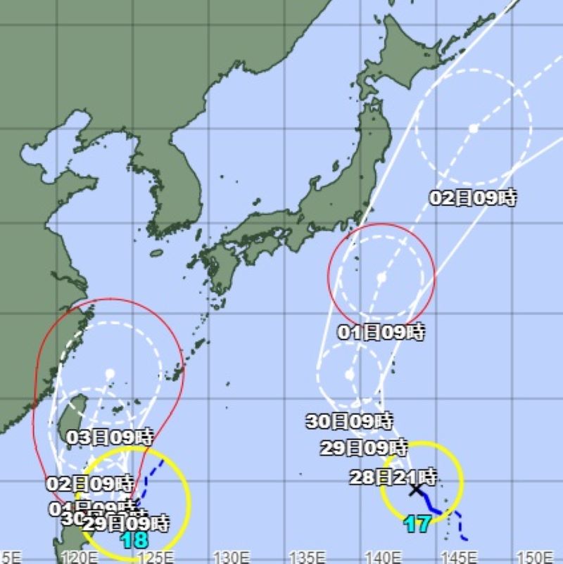 台風18号、17号の進路予想図（28日午前9時、気象庁発表）