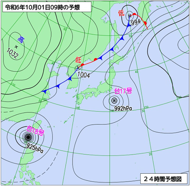 10月1日午前9時の予想天気図（30日午後3時、気象庁発表）（修正版）