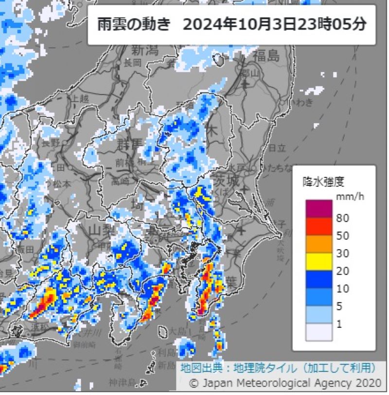 雨雲の動き（3日午後11時5分、気象庁の雨雲レーダー）