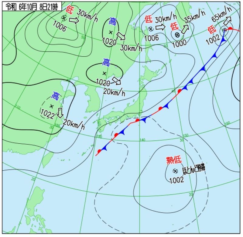 実況天気図（8日午後9時、気象庁HPより）