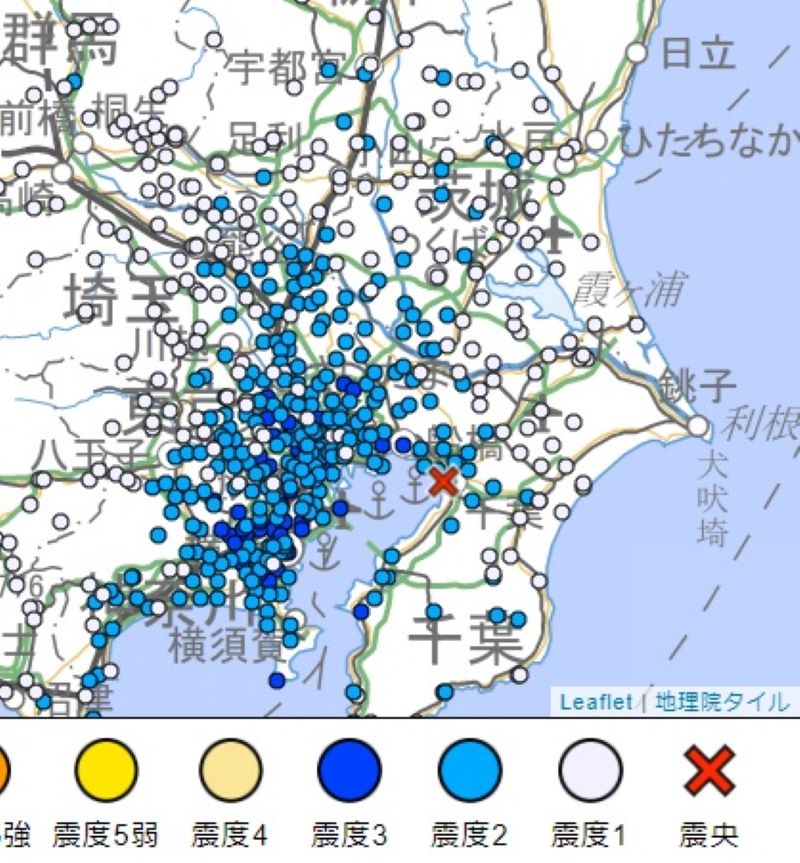 各地の震度（14日午後7時49分発表、気象庁HPから）