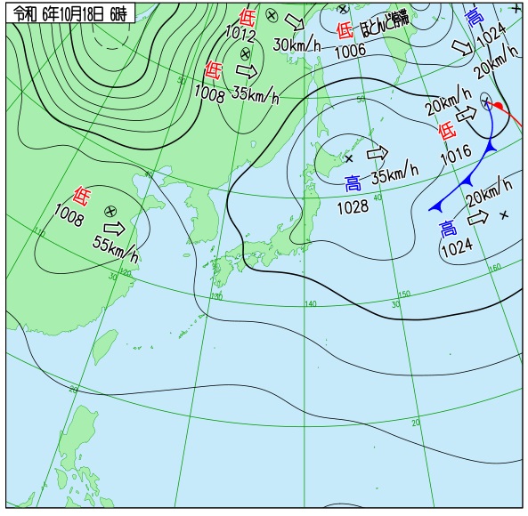 18日午前6時の実況天気図（気象庁HPから）