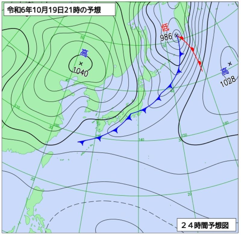 19日午後9時の予想天気図（気象庁HPから）