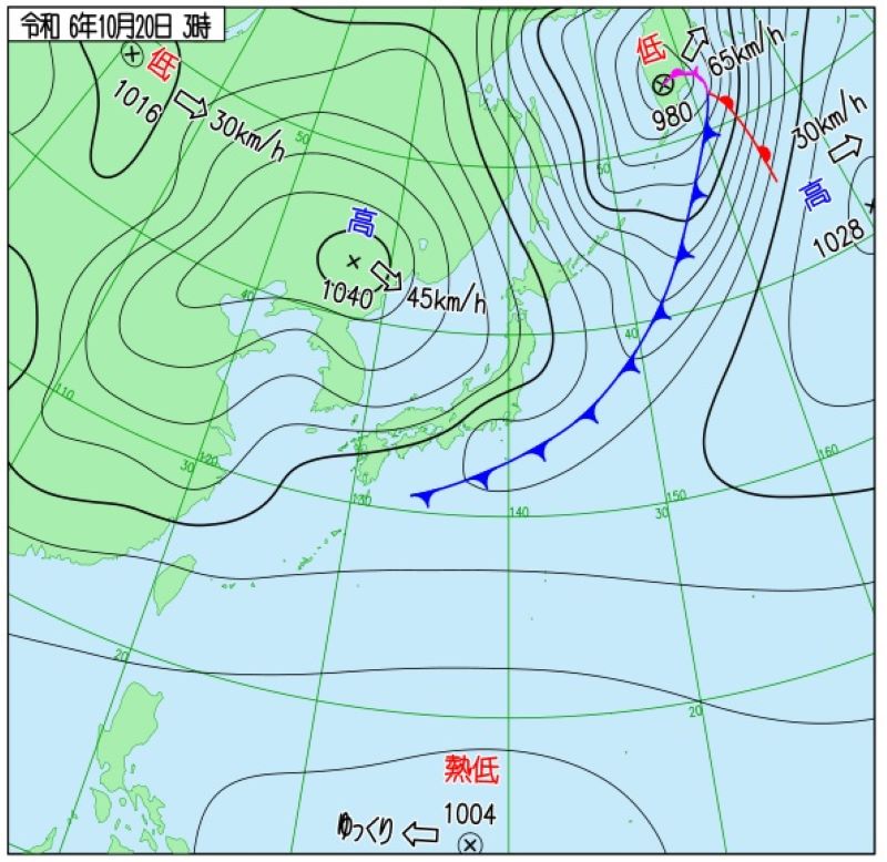 20日午前3時の実況天気図（気象庁HPから）