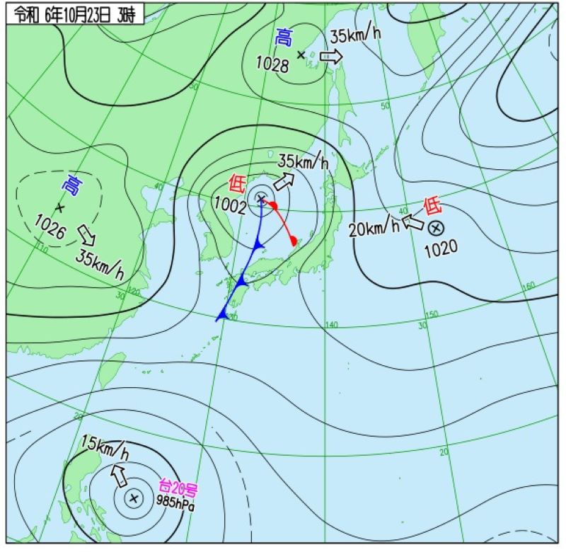 23日午前3時の実況天気図（気象庁HPから）