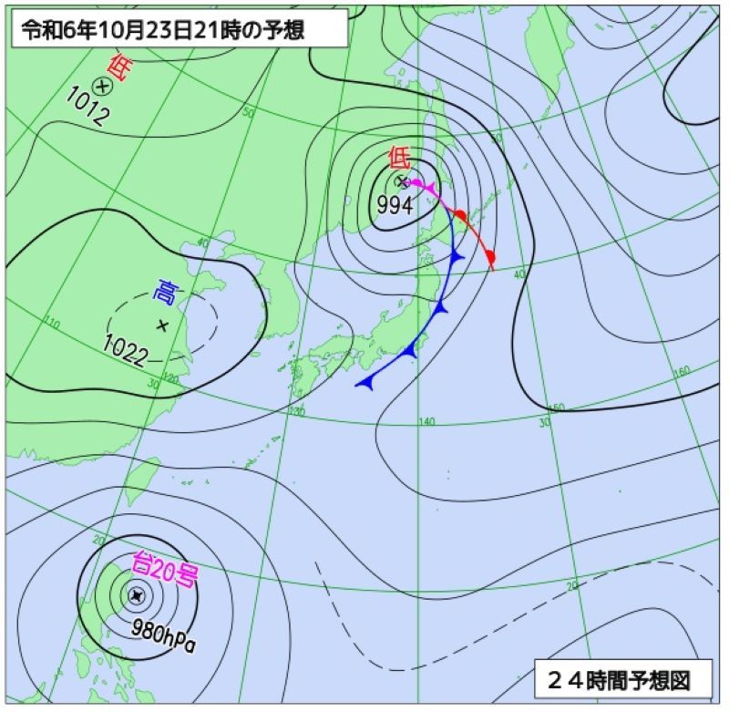 23日午後9時の予想天気図（気象庁HPから）