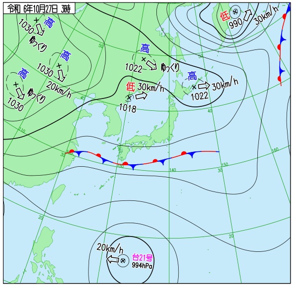 27日午前3時の実況天気図（気象庁HPから）