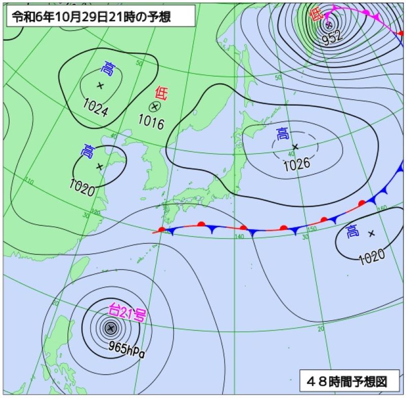 29日午後9時の予想天気図（気象庁HPから）