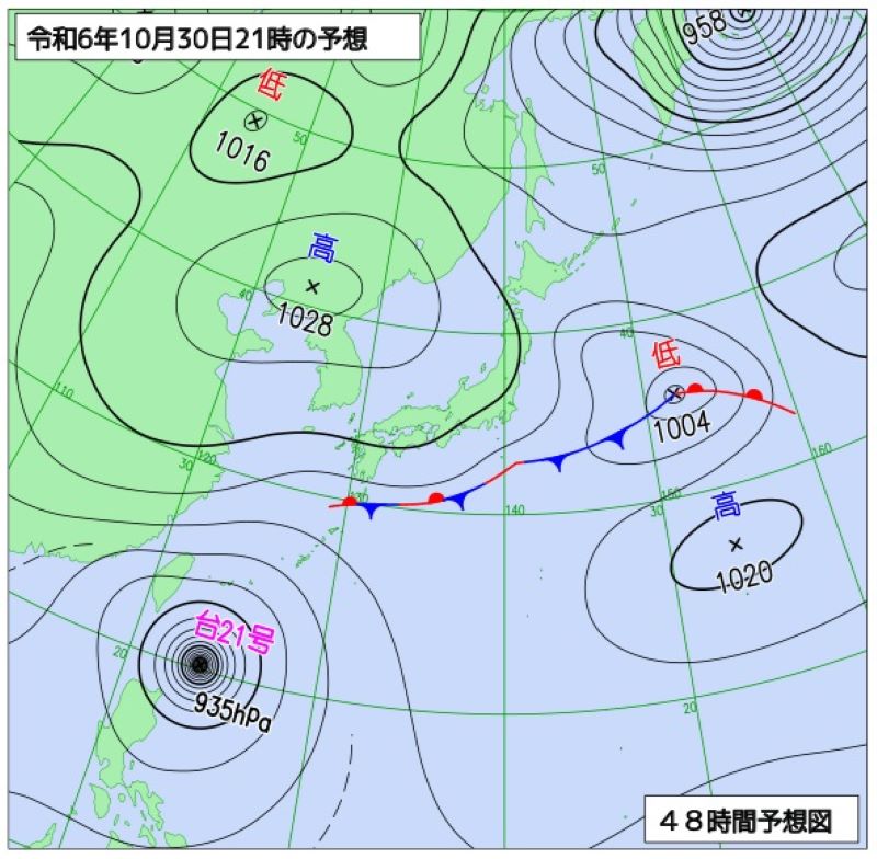 30日午後9時の予想天気図（気象庁HPから）