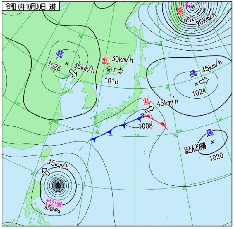 30日午前3時の天気図（気象庁HPから）