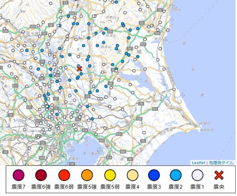 30日の地震の都市ごとの震度（気象庁HPから）