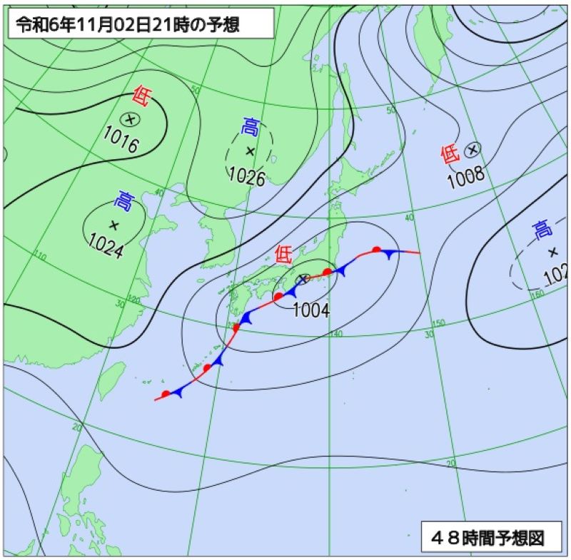 2日午後9時の予想天気図（気象庁HPから）