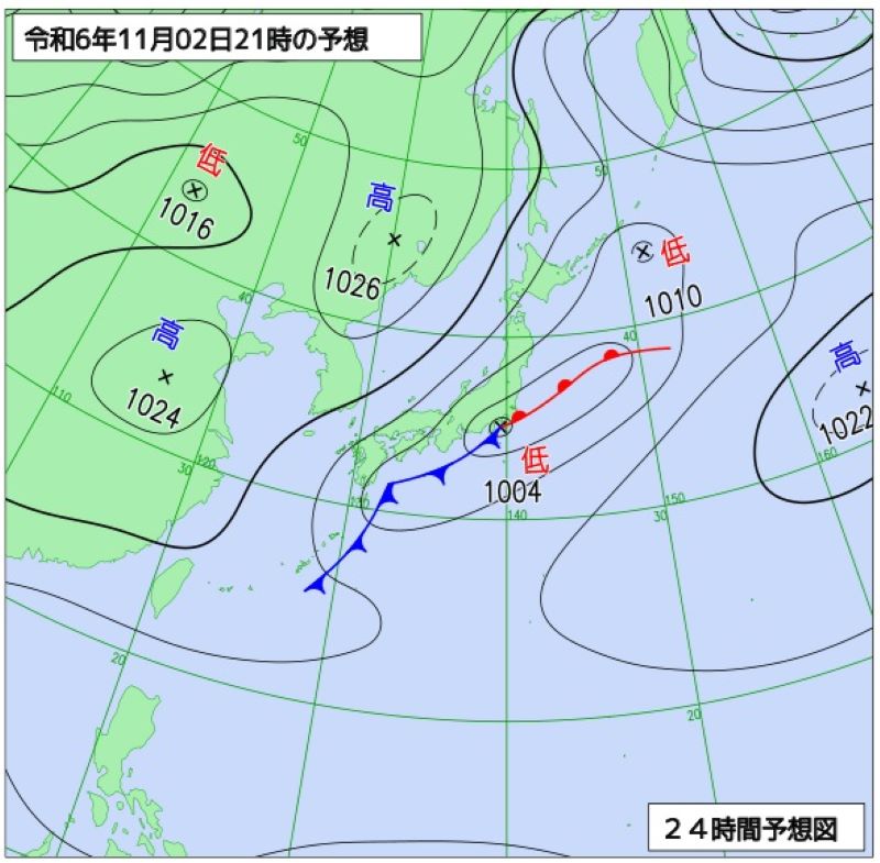 2日午後9時の予想天気図（気象庁HPから）