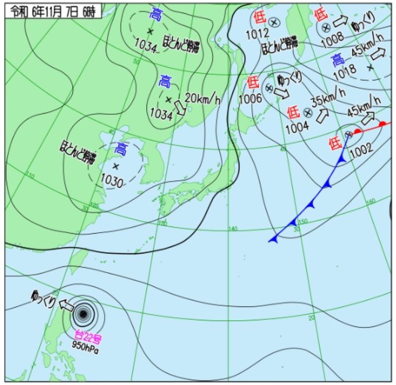 7日午前6時の天気図（気象庁HPから）