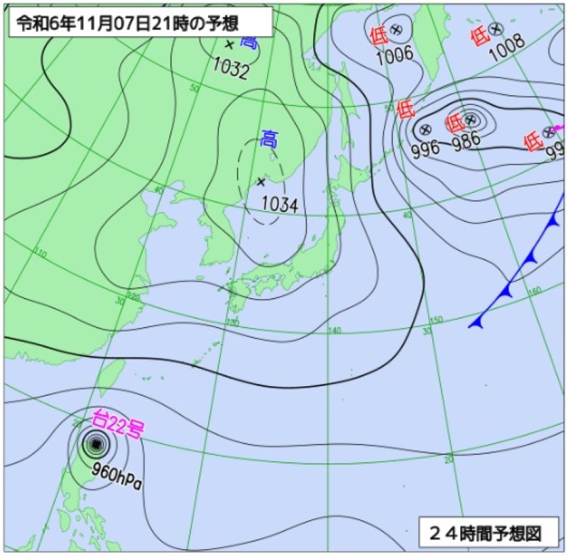 7日午後9時の予想天気図（気象庁HPから）