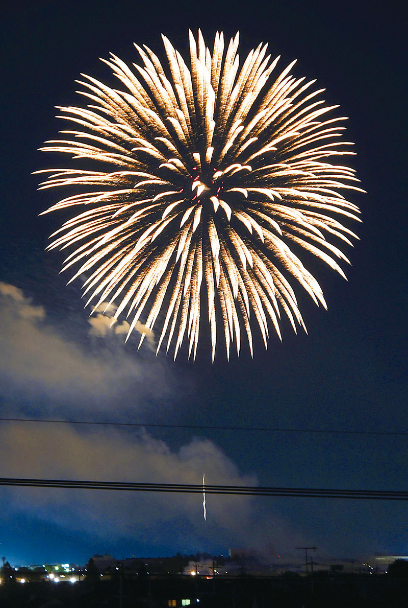 夜空を鮮やかに染めた刀水橋花火大会＝3日午後6時35分ごろ、熊谷市妻沼東