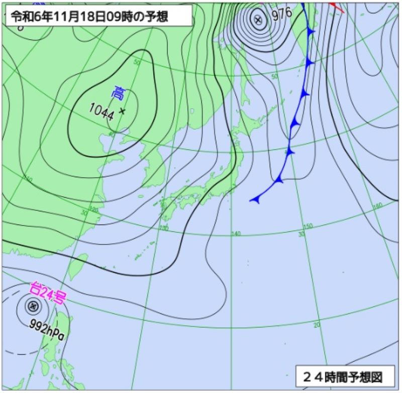 18日午前9時の予想天気図（気象庁HPから）