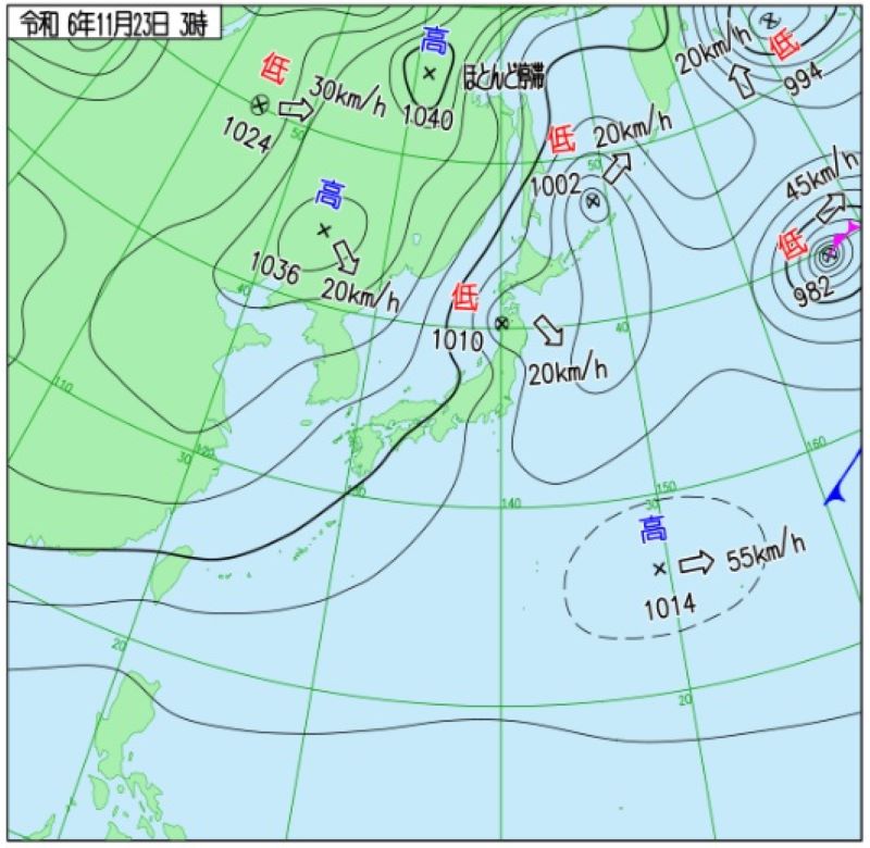 23日午前3時の天気図（気象庁HPから）