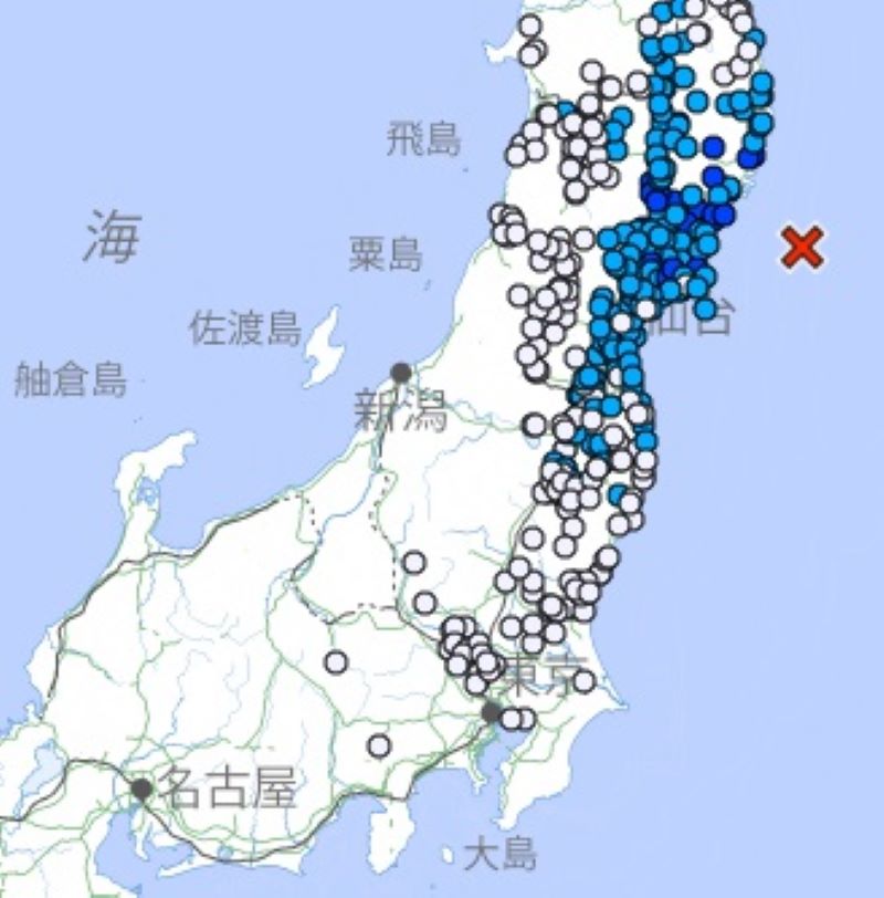 26日午後1時31分、宮城県沖で発生した地震の震度分布（気象庁HPから）