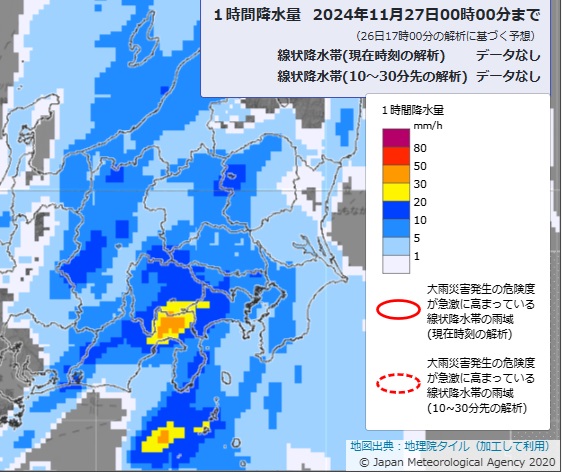 27日午前0時の降雨予想（気象庁HPより）