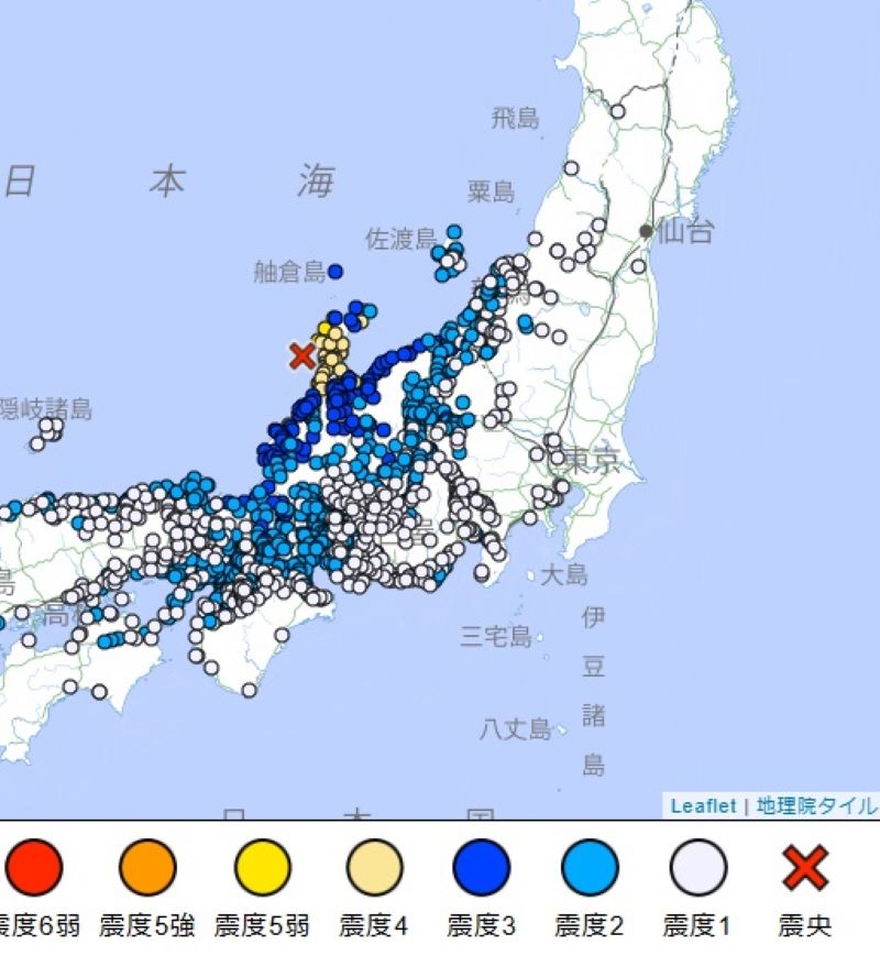 石川県西方沖地震の都市ごとの震度分布図（26日午後10時47分ごろ、気象庁HPから）