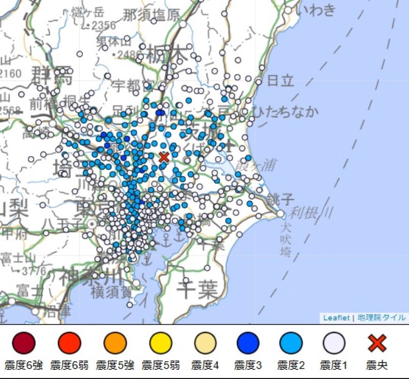 都市ごとの震度分布（気象庁HPから）