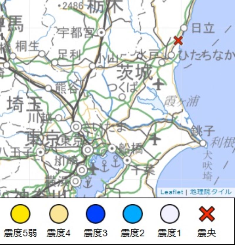 6日午後5時38分ごろ発生した地震の震源（気象庁HPから）