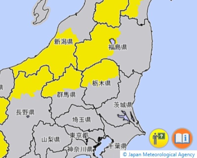 なだれ注意報が発表されているエリア（24日午前8時43分、気象庁HPから）