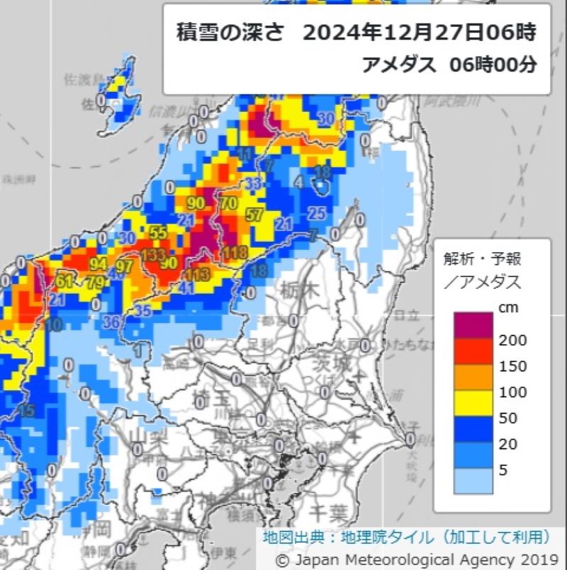 積雪の深さ（27日午前6時アメダス、気象庁HPから）