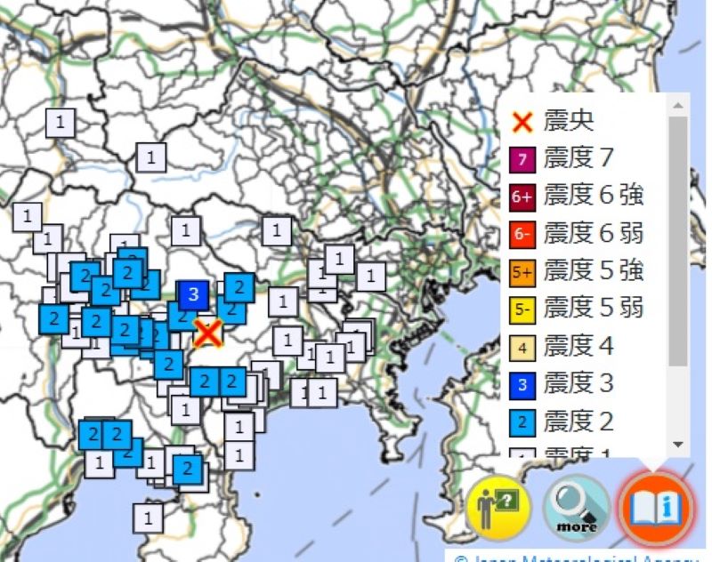 各地の震度（5日午前8時51分、気象庁HPから）