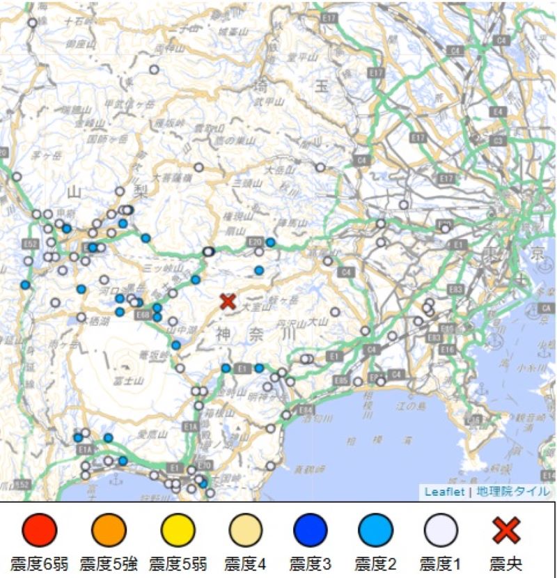 震度分布の詳細（1月5日午前8時51分、気象庁HPから）