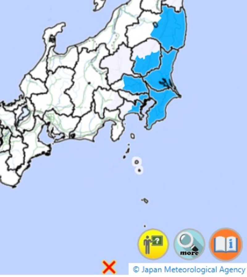 震度分布図。青色エリアが震度2（7日午後5時32分、気象庁HPから）.