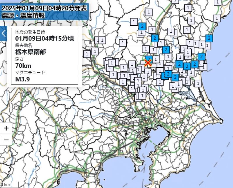 震度分布図（9日午前4時15分、気象庁HPから）