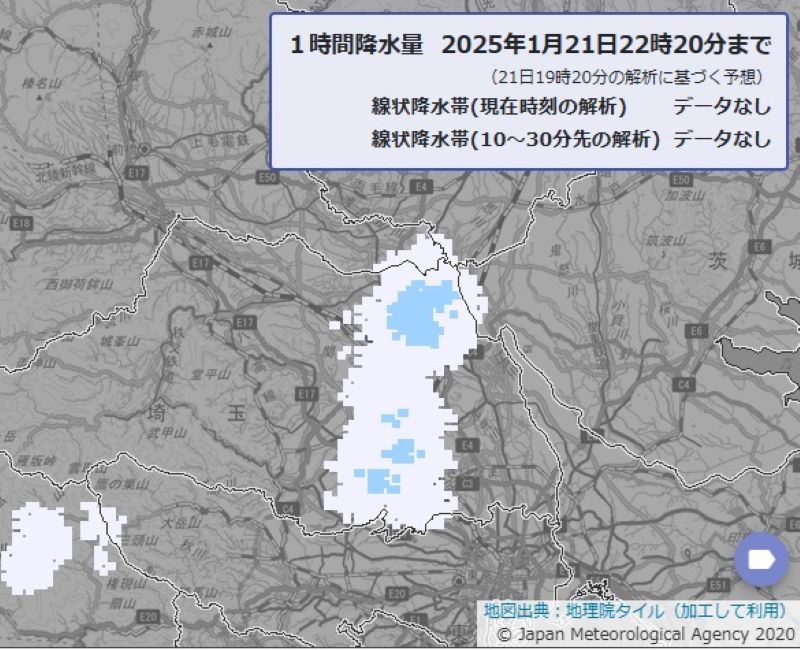 今後の雨（21日午後10時20分の降雨予想図　気象庁HPから）