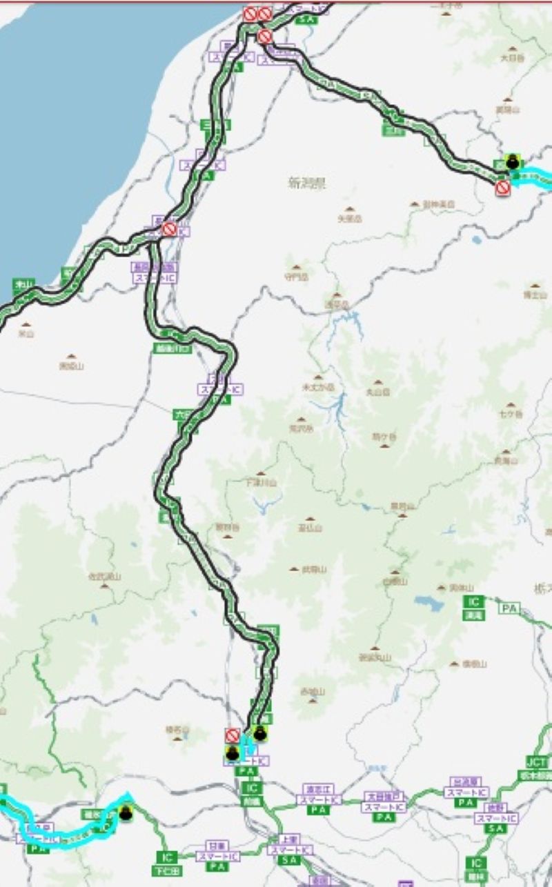 拡大された通行止め区間（渋川伊香保ICから関越トンネルをまたぎ長岡JCTまで）