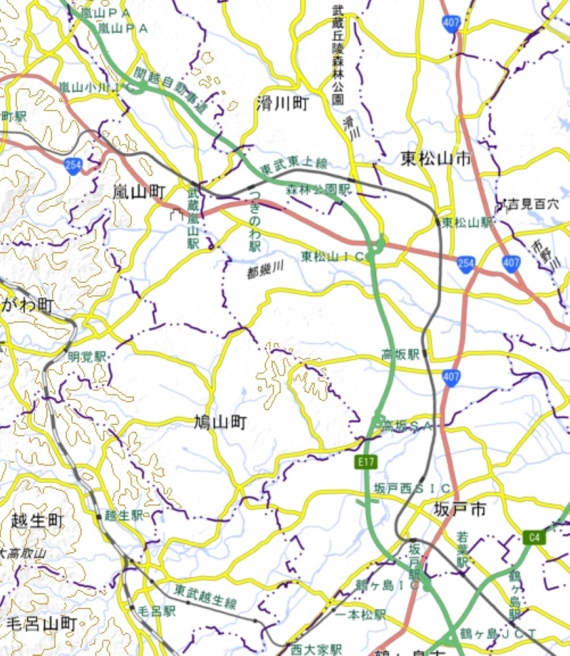 ★高坂SAと関越道の周辺地図（国土地理院HPから）