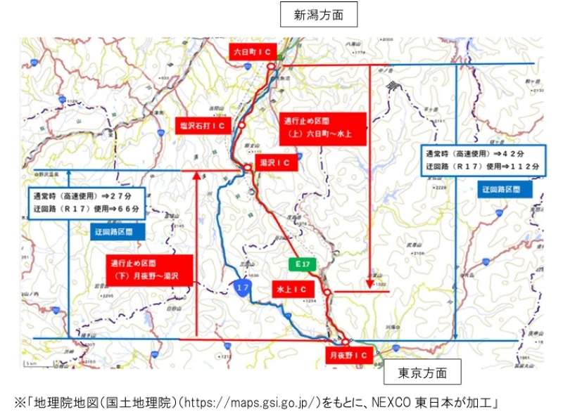 27日夜から翌朝の通行止め区間と迂回路（NEXCO東日本発表資料から）