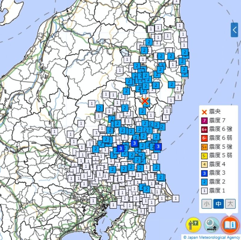 震度分布（12日午後11時20分、気象庁HPから）