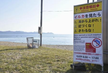 水晶浜海水浴場に設置されたイルカ被害への注意を促す看板＝７月２１日、福井県美浜町