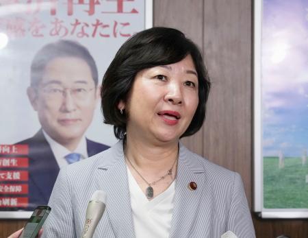 取材に応じる自民党の情報通信戦略調査会の野田聖子会長＝２２日午後、東京・永田町の党本部