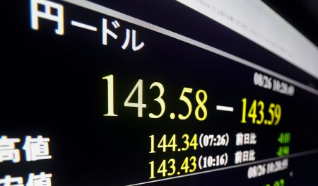 一時１ドル＝１４３円台半ばを付けた円相場を示すモニター＝２６日午前、東京・東新橋